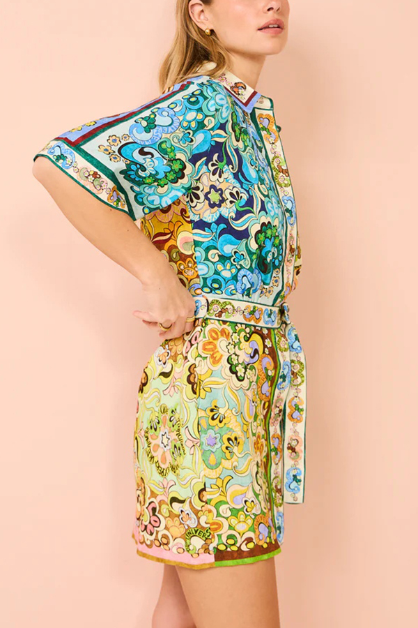 Sasha Linen Blend Unique Printed Shirt Style Tie-waist Mini Dress-consonak