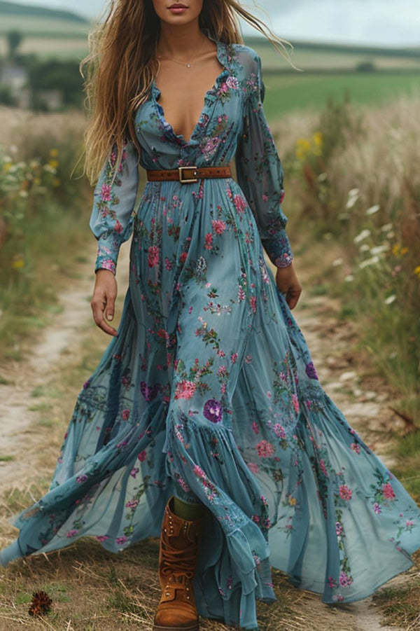 Floral Print V-neck Long-sleeved Bohemian Vacation Style Maxi Dress-consonak