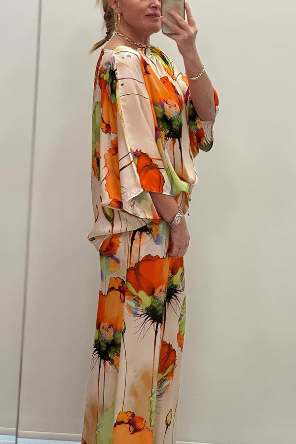Satin Botanical Print Crew Neck Casual Top and Elastic Waist Loose Pocket Pants Set-consonak