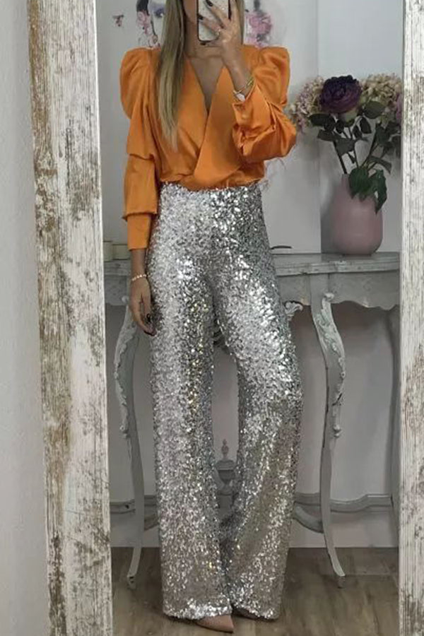 Glitzy Glamour Sequin High Rise Elastic Waist Wide Leg Pants | Consonak
