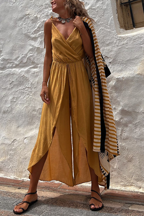 Shore Thing Babe Elastic Waist Slit Wide Leg Jumpsuit-consonak