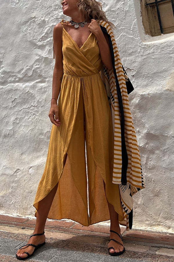 Shore Thing Babe Elastic Waist Slit Wide Leg Jumpsuit-consonak