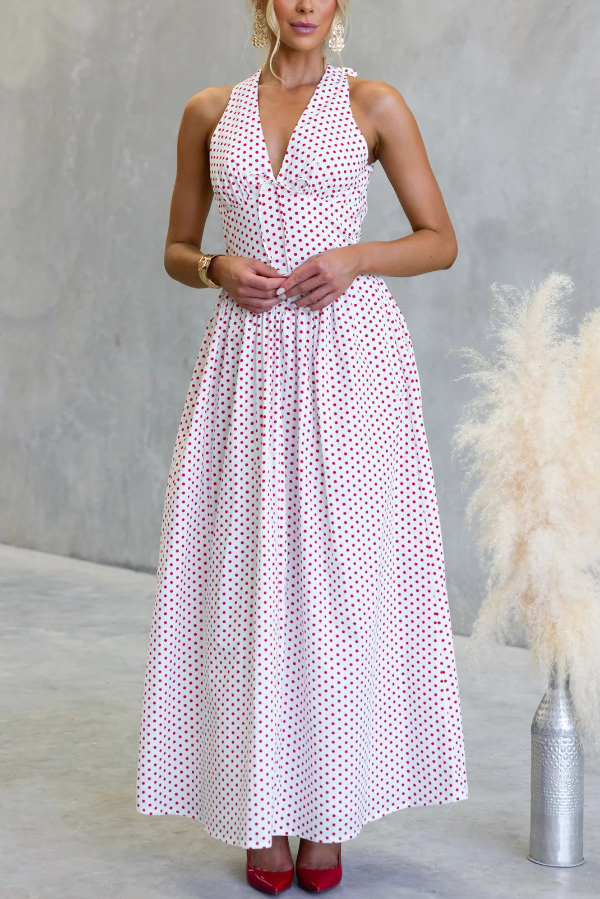 Polka Dot Print Halter Neck Fitted Waist Holiday Maxi Dress-consonak