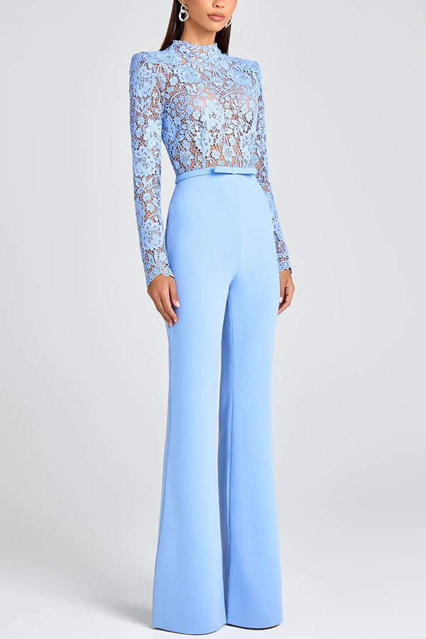 Party Charmer Flower Lace Patchwork Long Sleeve Bow Belted Flare Jumpsuit-consonak