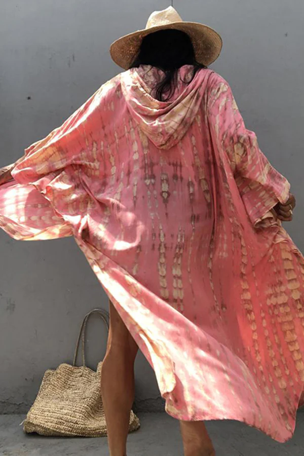Boho Tie-dye Print Hooded Kimono Cover-up | Consonak