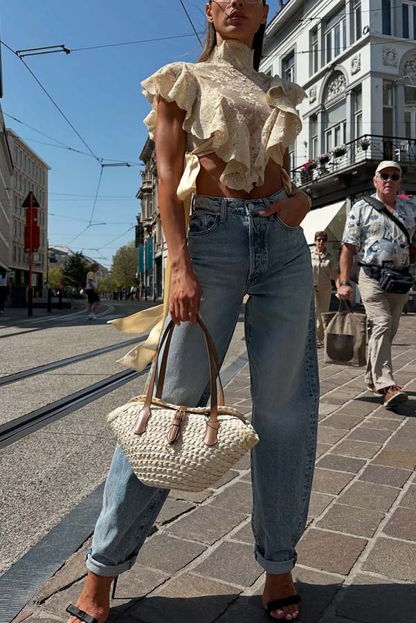 Salenia Lace Appliqué High Neck Side Tie-up Ruffle Cropped Top-consonak