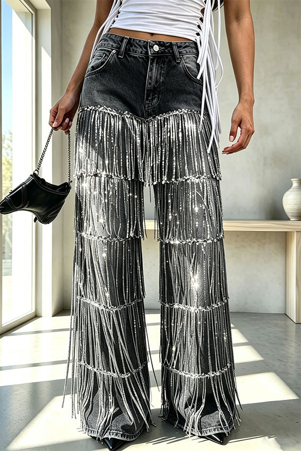 Nightclub Style Denim Metallic Tassel High Rise Pocket Wide Leg Jeans-Consonak
