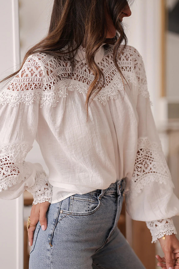 Stylish Hollow-out Patchwork Long-sleeved Elegant Shirt-consonak