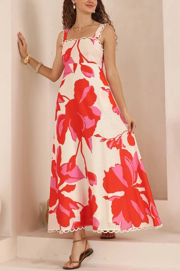 Floral Print Square Neck Sleeveless Wavy Trim Holiday Maxi Dress-consonak