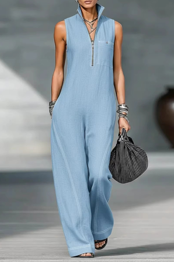 Solid Color Sleeveless Stand Collar Casual Pocket Loose Wide-leg Jumpsuit