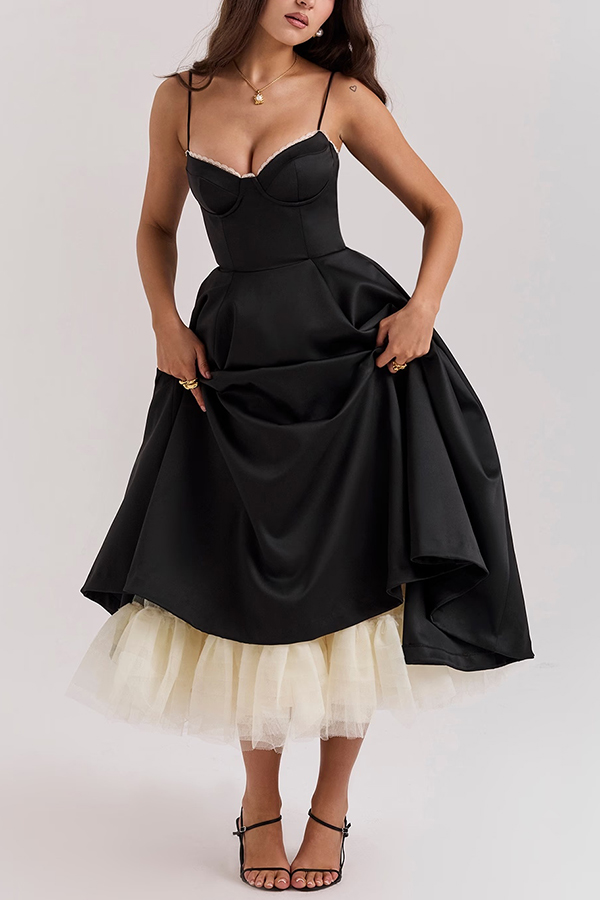 Fairytale Vibe Satin Patchwork Tulle Sweetheart Neck Pocket Stretch Midi Dress-consonak