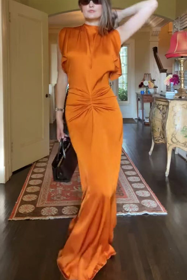 Isabella Satin Short Sleeve Ruched Waist V-shape Back Gown Maxi Dress-consonak