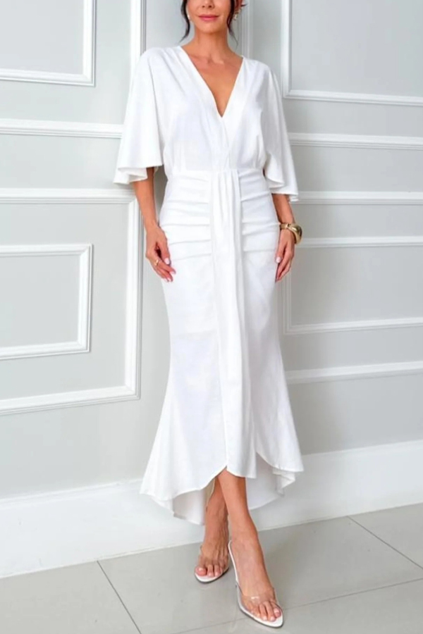 Solid Color V-neck Ribbon Waist-cinching Casual Maxi Dress