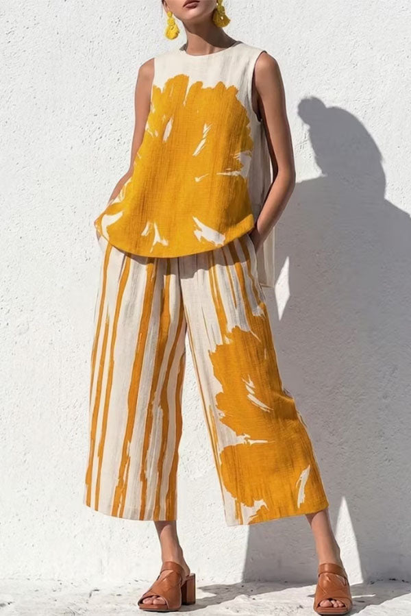 Abstract Brushstroke Sleeveless Tunic & Cropped Pant Set-Consonak