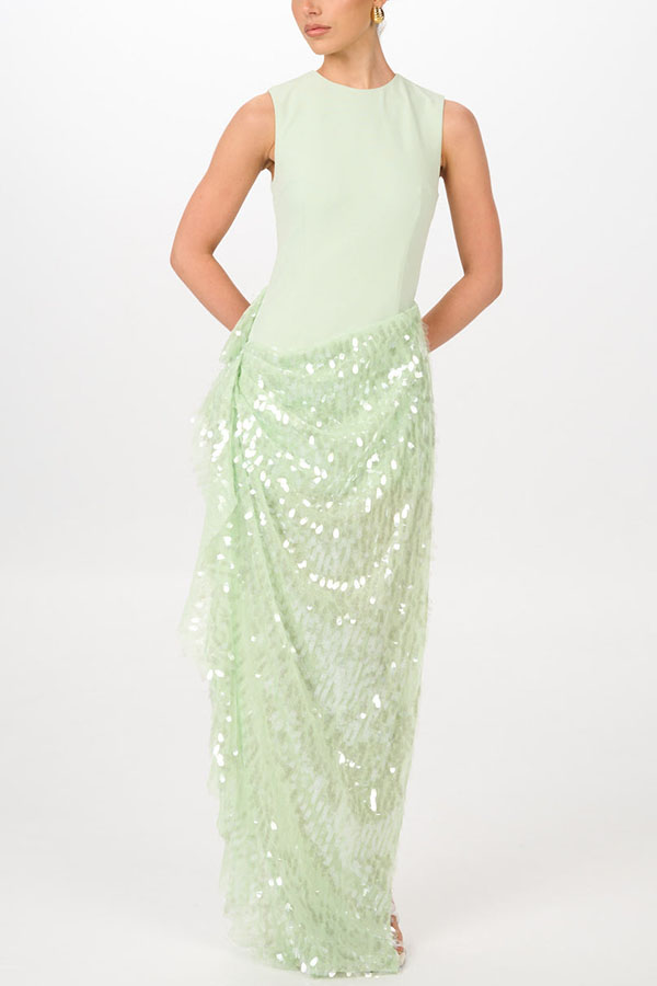 Unspoken Glamour Crepe and Fish Scale Sequins Ruffle Ruched Drape Maxi Dress-consonak