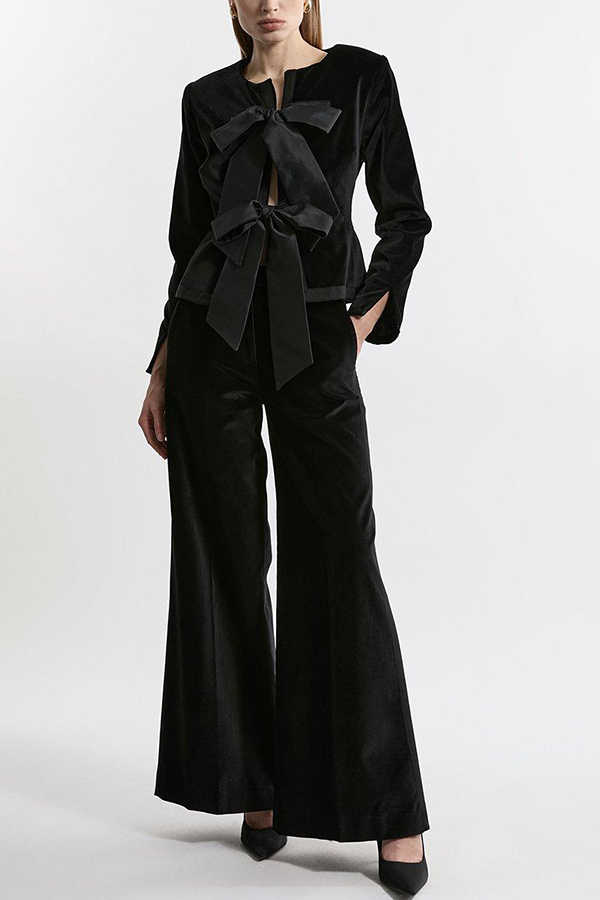 Cue The Cocktails Velvet Grosgrain Detail Pocketed Wide Leg Pants-consonak
