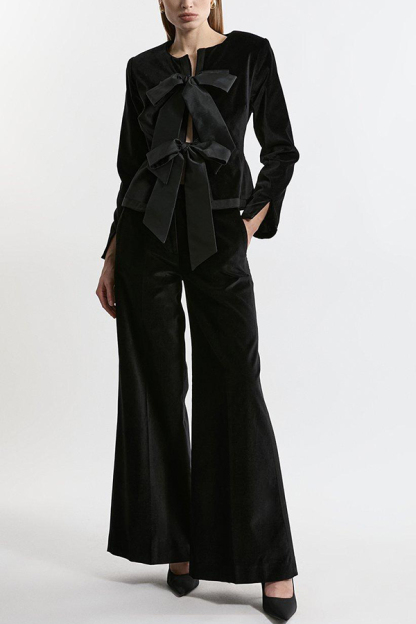 Cue The Cocktails Velvet Grosgrain Detail Pocketed Wide Leg Pants-consonak