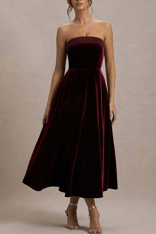 Center of Attention Velvet Satin Neck Bandeau Pleated Midi Dress-consonak