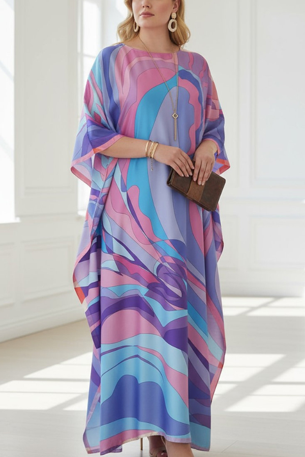 Unique Geometric Print Loose Round Neck Vacation Cover-up Maxi Dress