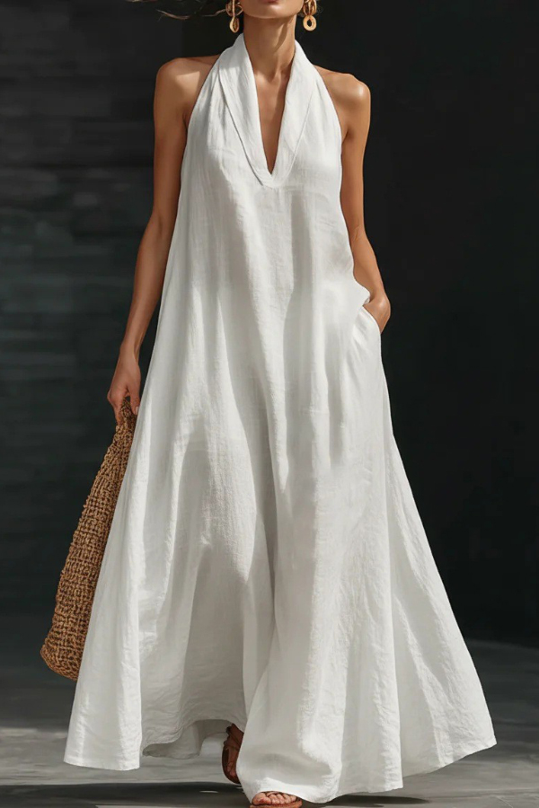 Linen Blend Solid Color Loose V-neck Pocket Casual Maxi Dress | Consonak