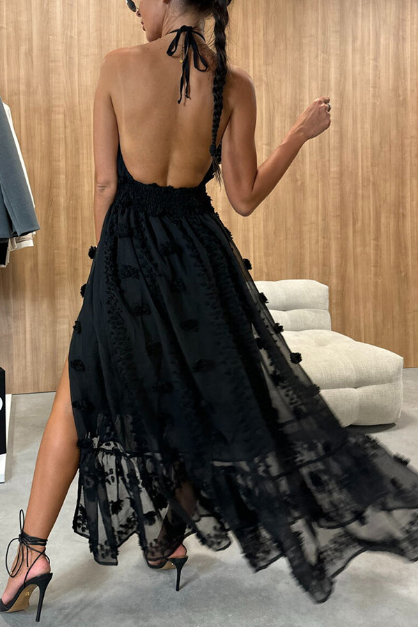 Gloria Embroidery Flowers Elastic Waist Halter Backless Slit Maxi Dress-consonak