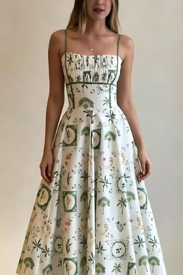 Unique Printed Thin-strapped Pleated Waist Casual Maxi Dress | Consonak