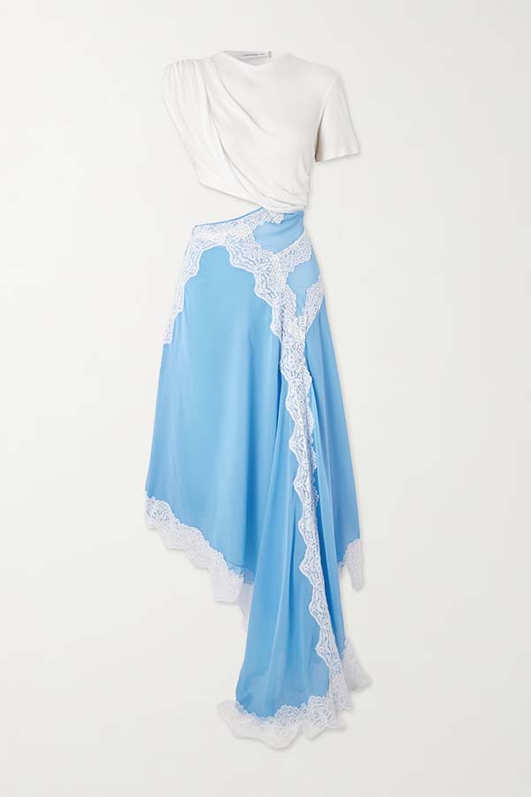 Verve Ribbed Jersey Cutout Waist Asymmetric Satin Lace Hem Maxi Dress-consonak