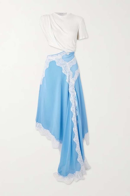 Verve Ribbed Jersey Cutout Waist Asymmetric Satin Lace Hem Maxi Dress-consonak