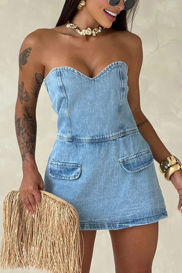 Avantie Denim Off Shoulder Back Smocked Zipper Romper