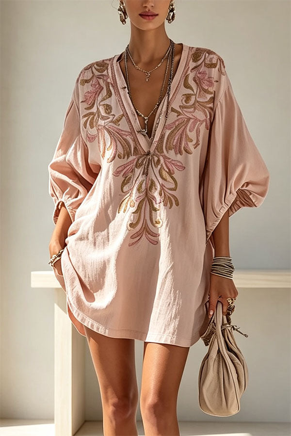 Gypsy Soul V-Neck Puff Sleeve Tunic Dress-Consonak