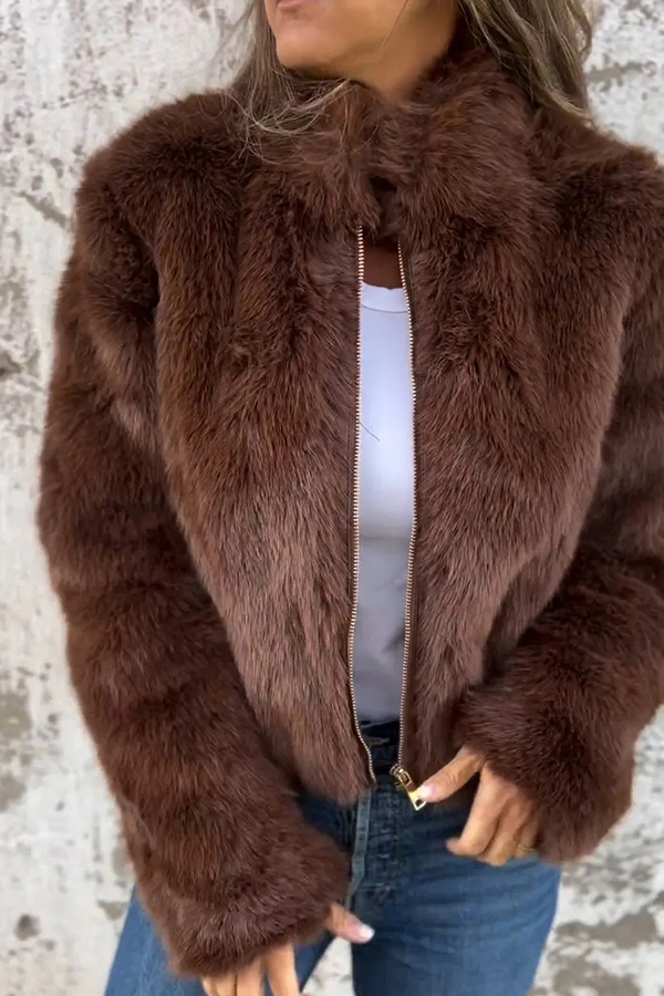 Stylish Faux Fur Turtleneck Zipper Casual Jacket | Consonak