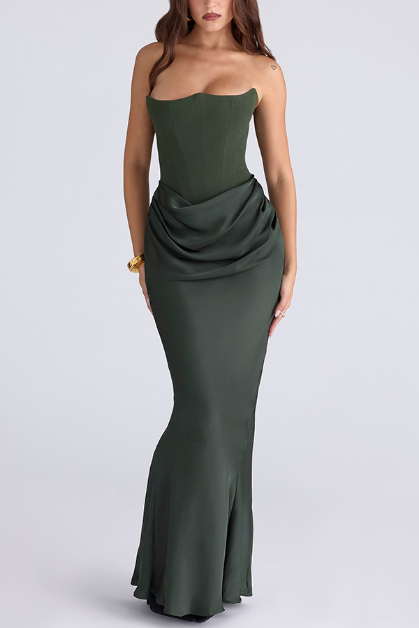 Attend The Gala Strapless Corset Satin Ruched Hip Drape Maxi Dress | Consonak