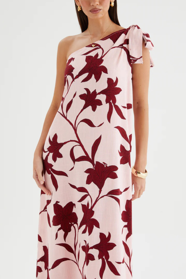 Botanical Print Sleeveless One-shoulder Tie-up Casual Vacation Maxi Dress-consonak