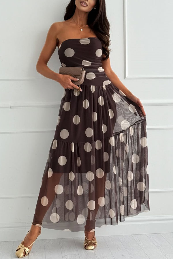 Shailene Mesh Polka Dot Print Off Shoulder Pleated Hem Maxi Dress