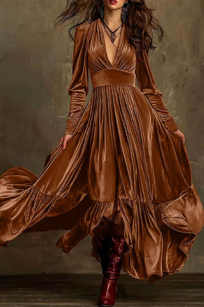 Fashionable Velvet V-neck Long-sleeved High-waisted Maxi Dress-consonak