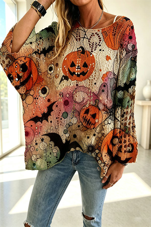 Halloween Pumpkin & Bat Hollow Out Knit Oversized Sweater-Consonak