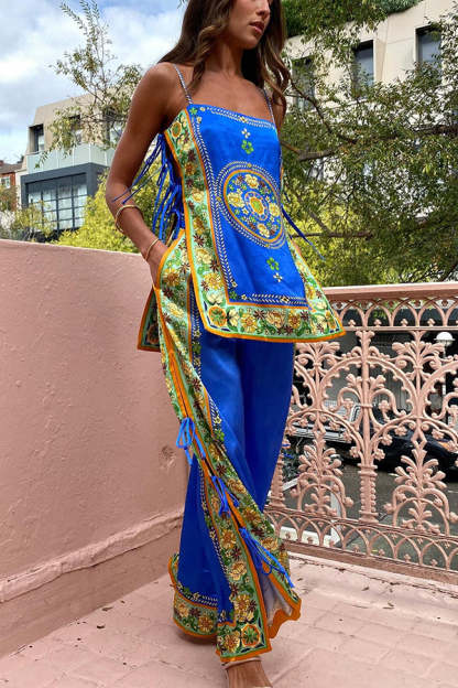 Nara Satin Unique Print Side Lace-up Tank and Elastic Waist Pocketed Wide Leg Pants Set-consonak