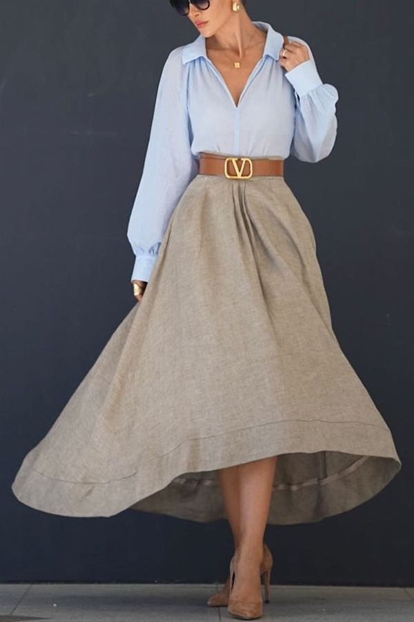 Caught A Vibe Linen Blend Back Elastic Waist Pocketed High Low Maxi Skirt | Consonak