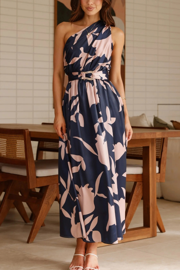 Unique Printed One-Shoulder Belt Casual Holiday Maxi Dress