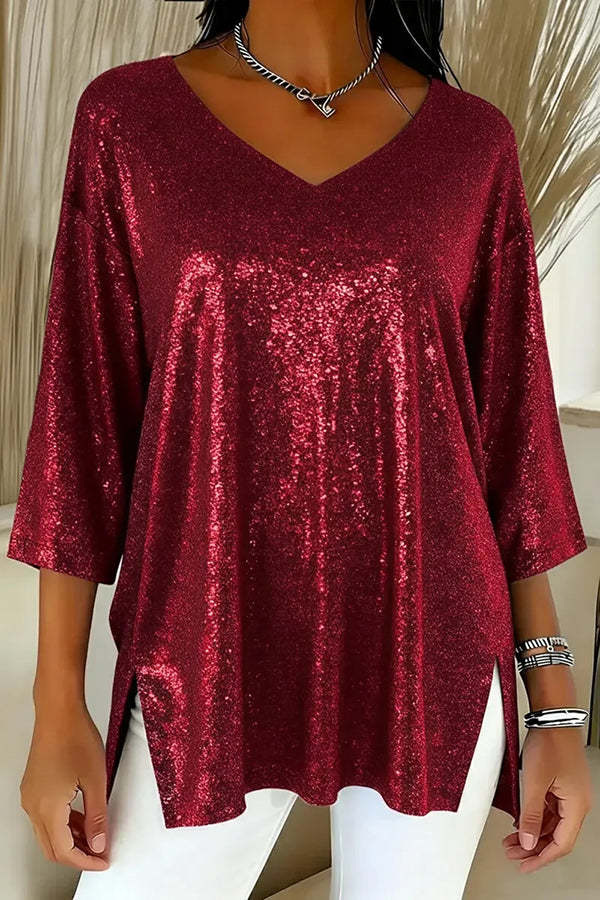 Solid Color Loose V-neck Shiny Casual Top-consonak