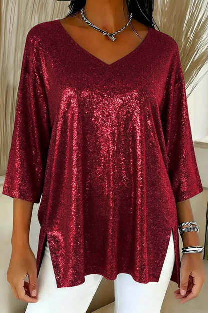 Solid Color Loose V-neck Shiny Casual Top-consonak