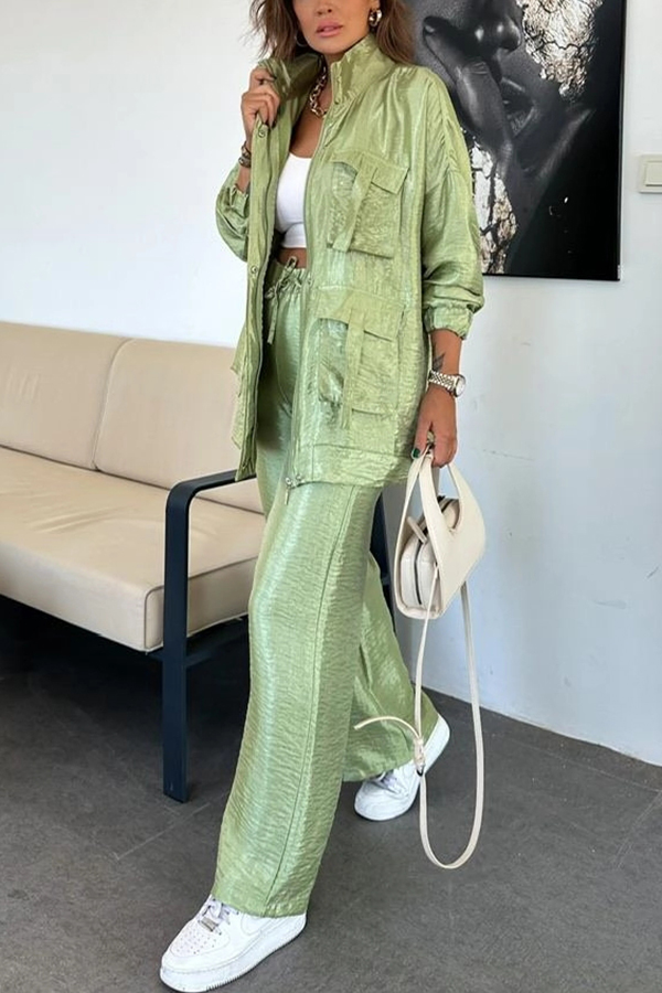 Easy on Me Metallic Fabric Flap Pocket Cargo Style Zipper Loose Jacket-consonak