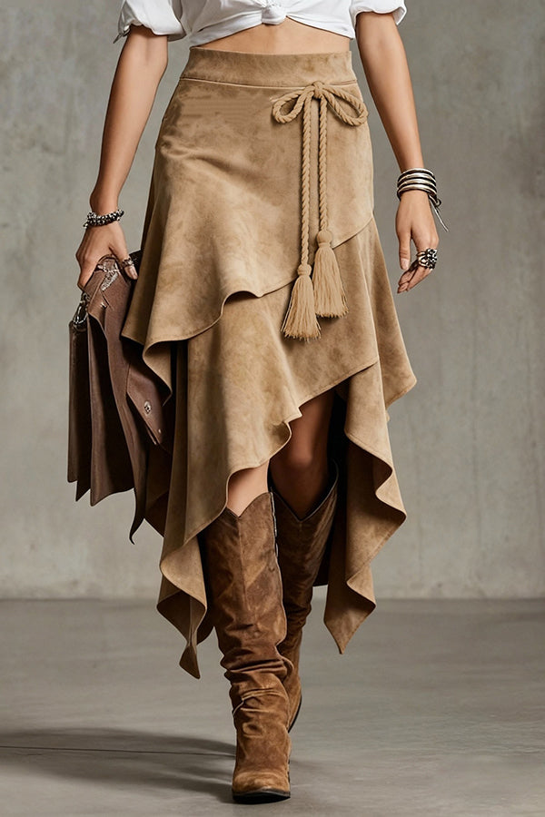 Fashionable Irregular Tie-up Tassel Embellishment Casual Midi Skirt-consonak