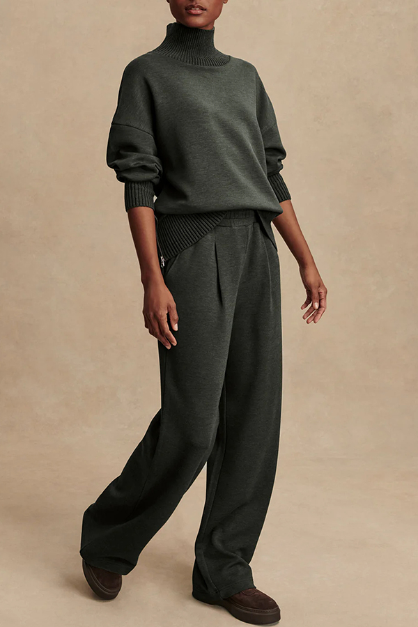 Barker High-Neck Long Sleeve Side Zipper Sweatshirt and Elastic Waist Pocketed Loose Pants Set-Consonak