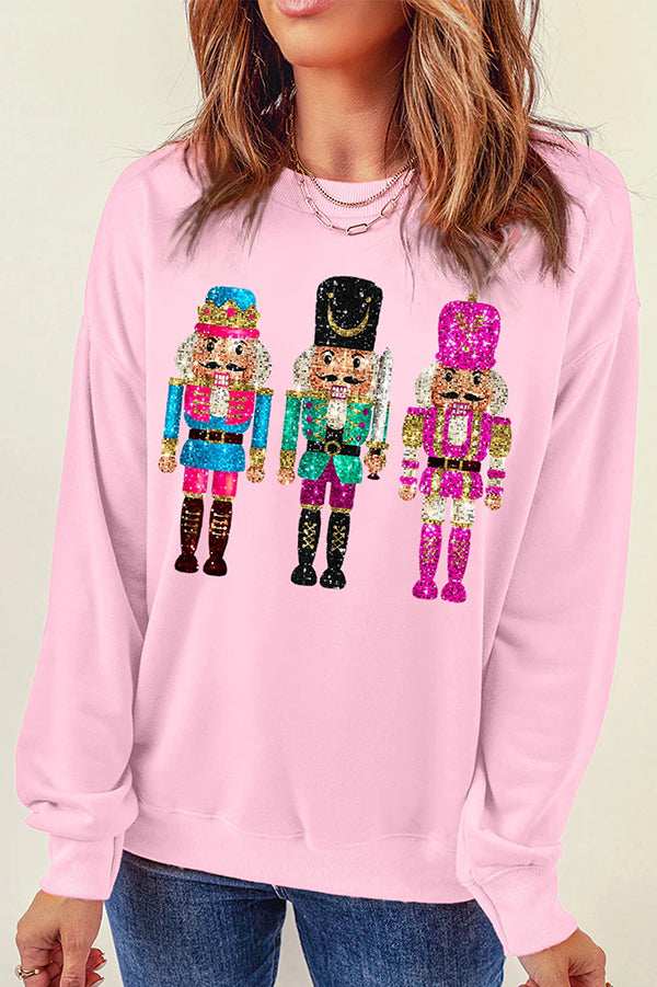 Christmas Soldier Sequin Loose Crew Neck Long Sleeve Sweatshirt-consonak