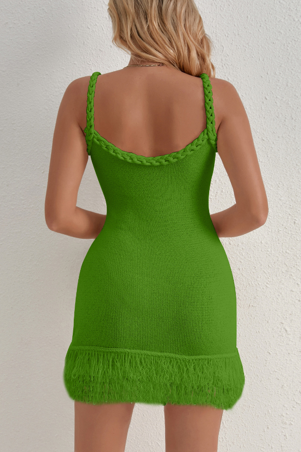 Solid Color Cable Camisole Slim Fit Tassel Knit Mini Dress-consonak
