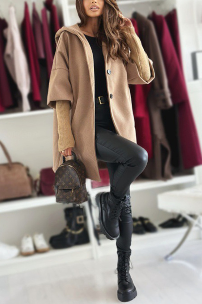 Solid Color Loose Pocket Hooded Long Sleeve Jacket-consonak
