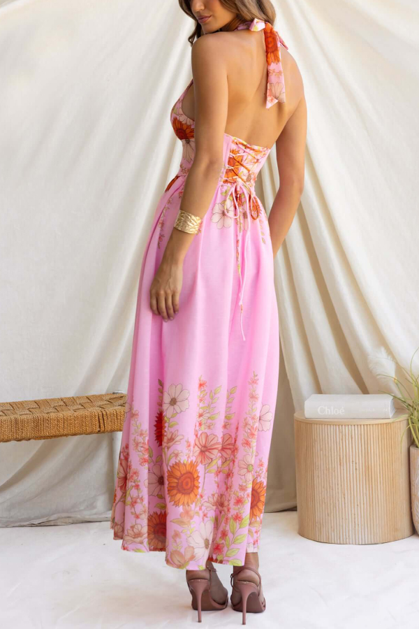 Sunflower Print V-neck Fitted Waist Elegant Maxi Dress