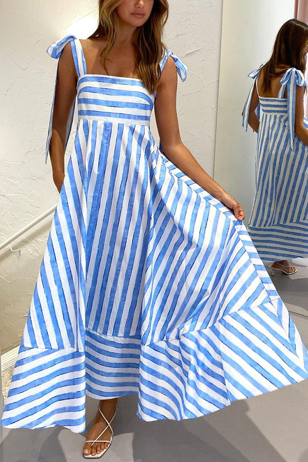 Treasured Times Stripe Print Tie-up Shoulder Pocketed A-line Maxi Dress-consonak