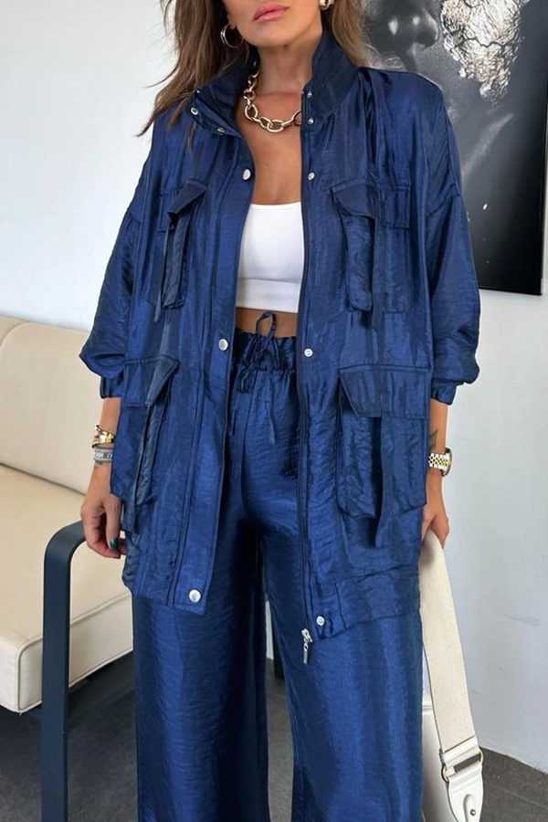 Easy on Me Metallic Fabric Flap Pocket Cargo Style Zipper Loose Jacket-consonak